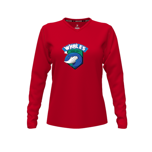 [CUS-DFW-TEES-PER-VNK-LSL-RED-FYXS-LOGO1] Performance T-Shirt (Female Youth XS, Red, V Neck, Logo 1, Long Sleeve)